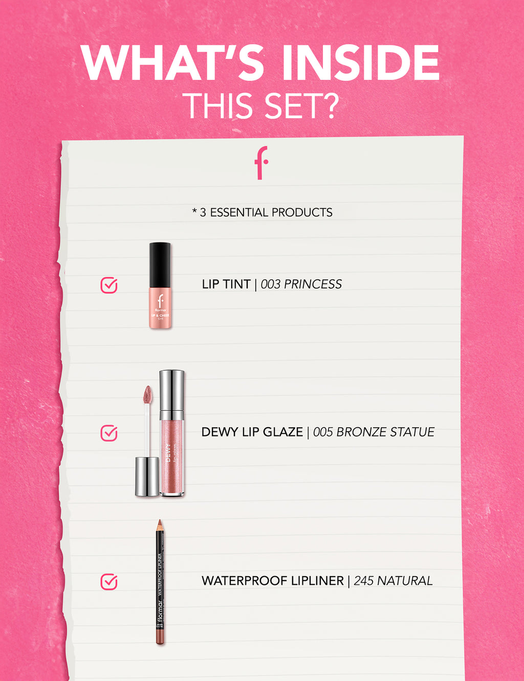 Flormar Perfect Lip Combo 3-piece Lip Makeup Set – shade close-up